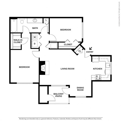 Floor plan for 2 beds, 1 bath, 897 sqft